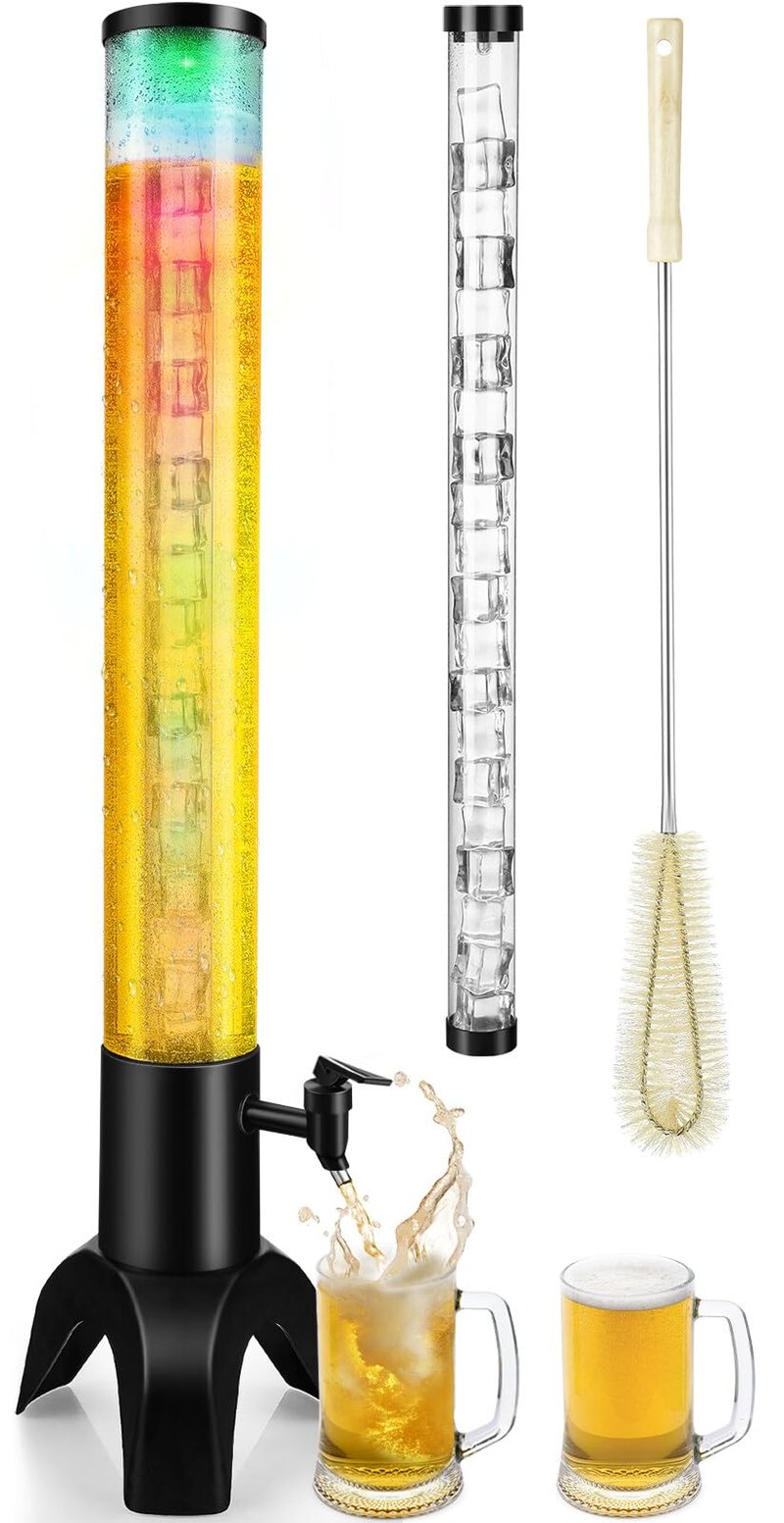 COSYOO Drink Tower, 3L Drink Tower Dispenser With Ice Tube and Led Light, Tabletop Beer Dispenser 3.17 Qt./3 L, Ideal for Parties Bars Pubs Restaurants