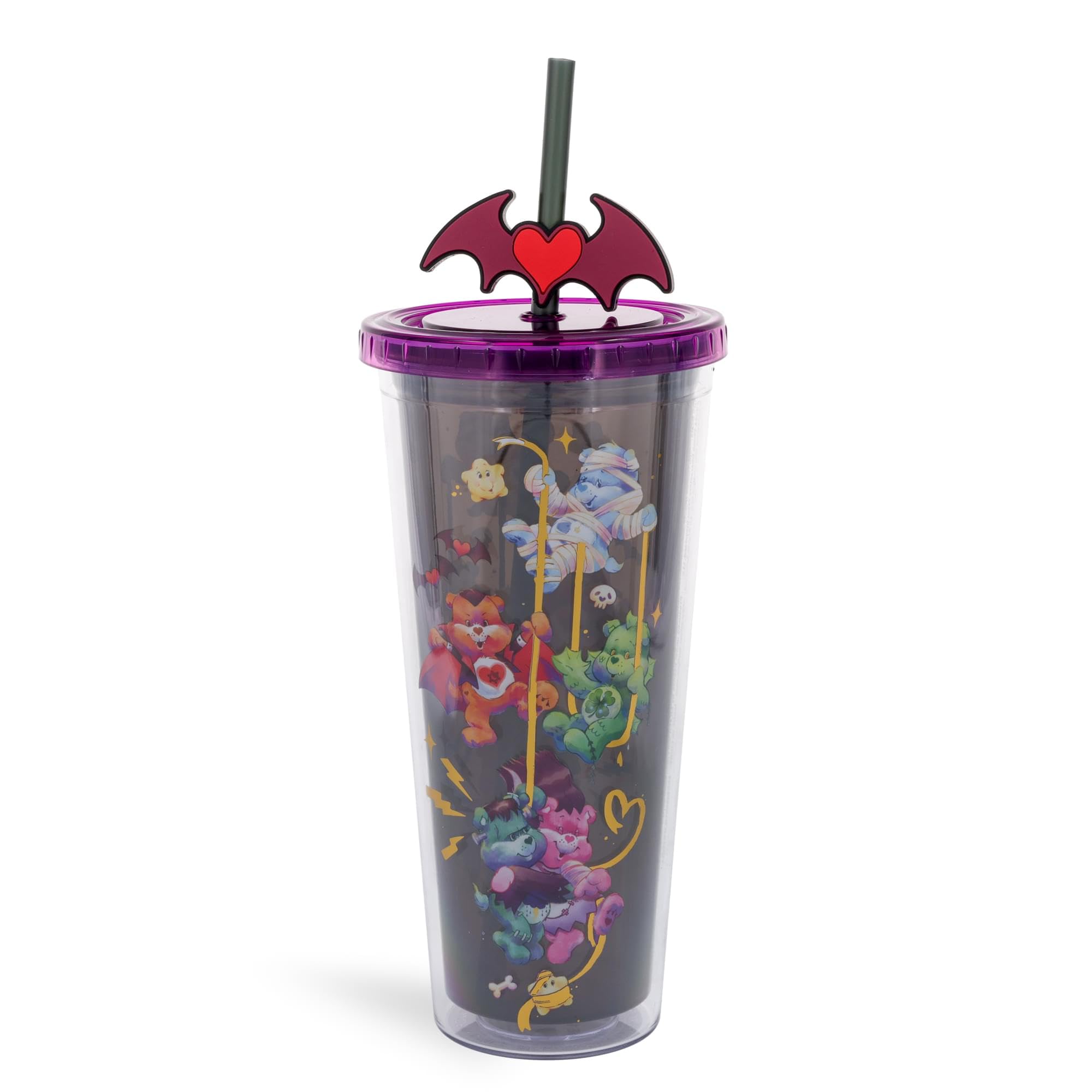 Silver Buffalo Care Bears x Universal Monsters Carnival Cup With Leak-Resistant Lid and Straw Topper | Holds 24 Ounces