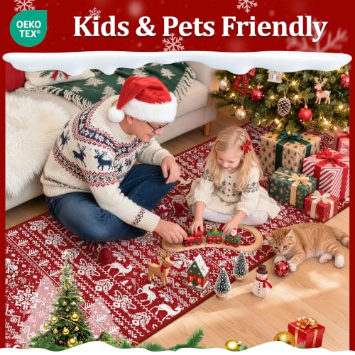 Miukiki 2x8 Christmas Runner Rug Red Non-Slip Washable Kitchen Hallway Decor