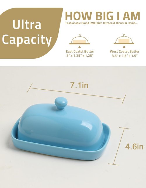 Sweejar Ceramic Butter Dish with Lid for Countertop,Porcelain Butter Keeper with Knob Handle,Butter Container for East/West Coast Butter, 7.1*3.7 inches (Steel blue)