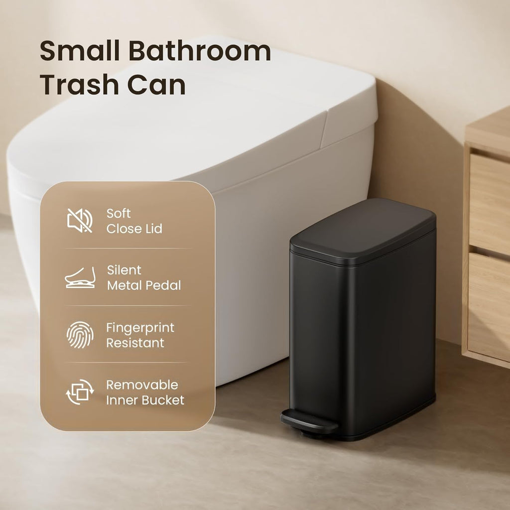 Cesun Stainless Steel Small Bathroom Trash Can - 6L Soft Close Lid, Foot Pedal & Removable Inner Bucket | Black