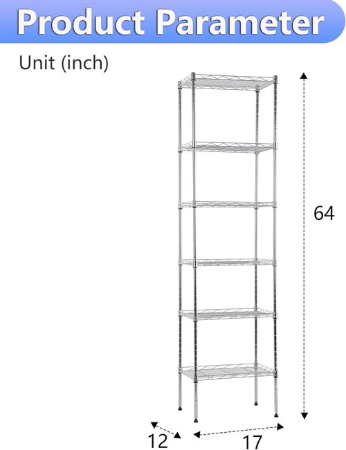 BestOffice 6-Tier Wire Storage Shelves - Heavy-Duty Metal, Chrome Finish | Adjustable Racks | 17x12x64 | Holds Up to 600 lbs | No-Tool Assembly for Home & Garage
