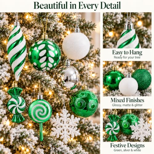 130 Pcs Green, Silver & White Christmas Ball Ornaments Set - Shatterproof with 130-pc Variety (Green / 130 Pcs)