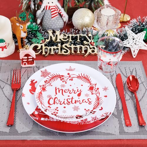 150pcs Red Christmas Plastic Plates Set - Elegant Foil-Stamped Dinnerware + 30 Dinner Plates