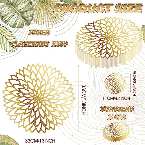200 Pcs Gold Round Disposable Paper Placemats and Coaster Set 13-Inch