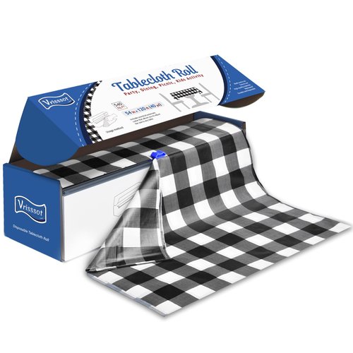 Vrisssot Plastic Table Cover Roll:Disposable Tablecloth 54 in X 120 ft with Easy Slide Cutter Black and White Checkered Tablecloth for Picnic, Party, Birthdays Fit Any Shape & Size Tables