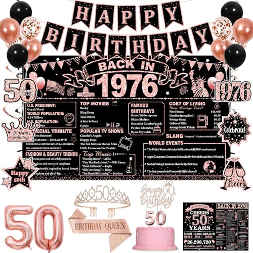 50th Birthday Party Decorations Kit - Rose Gold and Black 1976 Theme