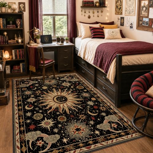 Sun and Moon Boho Area Rug 5x7, Washable Non-Slip Low Pile Gothic Floor Mat