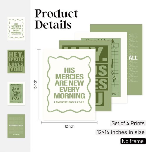 Locomiss Wall Art Decor - Sage Green Christian Jesus Posters for College Dorm Room | Set of 4 (12x16 Unframed)