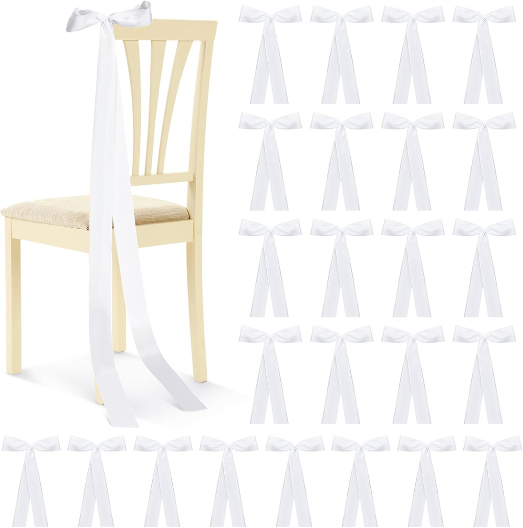 Rtteri 24 Pcs Satin Chair Bows - Elegant White Sashes for Weddings, Parties & Events