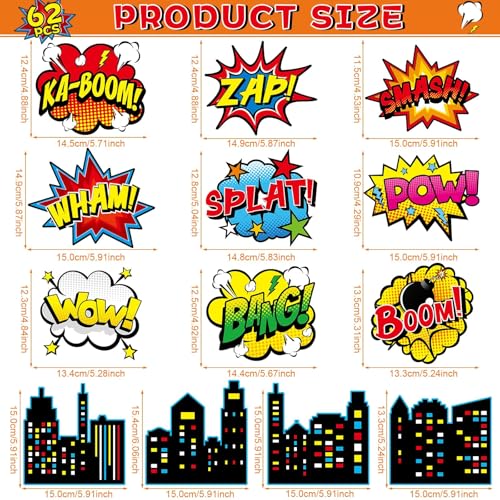 62-Piece Comic Action Hero Wall Cutouts – Superhero Party Decorations