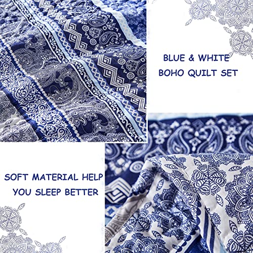 Boho Quilt Set King Size - Blue Bohemian 3-Piece Lightweight Bedspread Coverlet