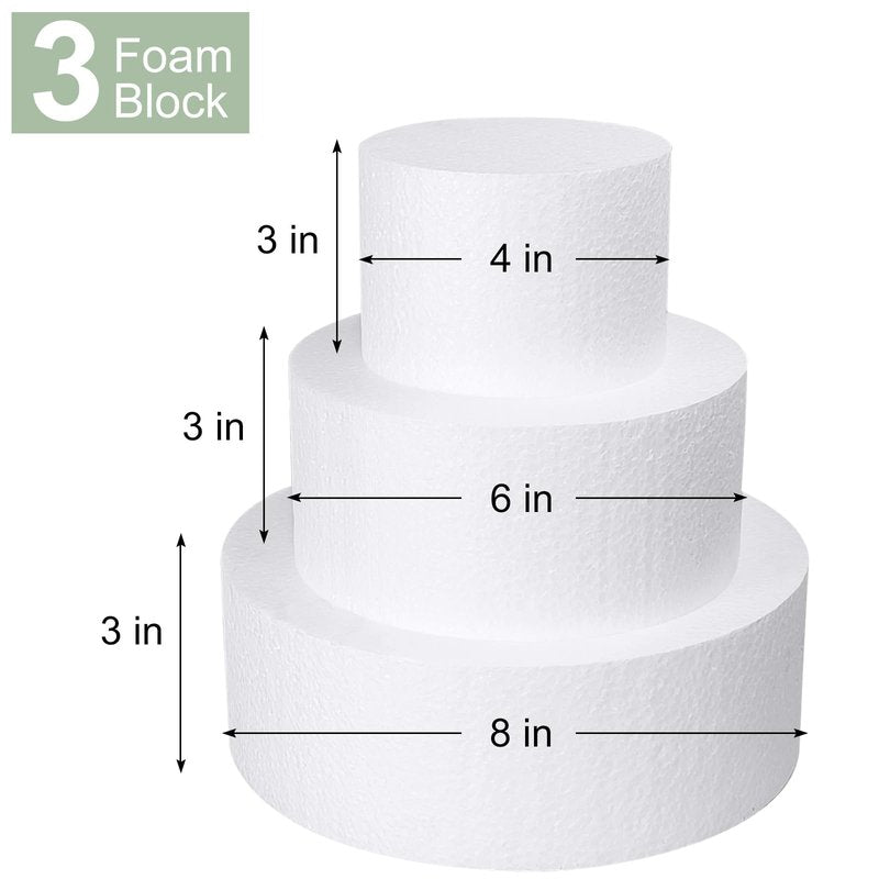 3 Tiers Foam Cake Dummies 4" 6" 8", White Dummy Cakes Styrofoam Sets, 9 Inch Tall Fake Cake, Dummy Cake for Wedding Cake Supplies Decorating Birthday Wedding Display