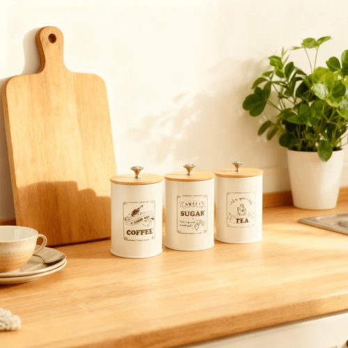 Youeon Metal Canisters Sets for the Kitchen, 25 Oz Coffee Sugar Tea Container Set, Farmhouse Style, Food Storage Containers with Lids for Countertop, Cabinet, Coffee Bar Decor, Beige