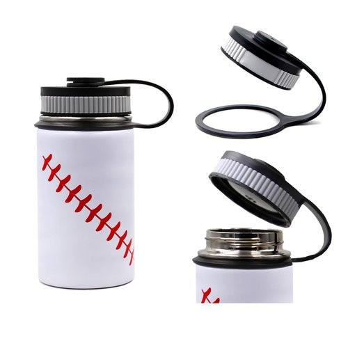 12 oz Baseball Water Bottle, Sports Flask Metal Travel Tumbler with 2 Lids, Stainless Steel Double Wall Vacuum Insulated Leak Proof Thermo Water Bottles, Baseball Accessories Gifts for Mom Boys Girls