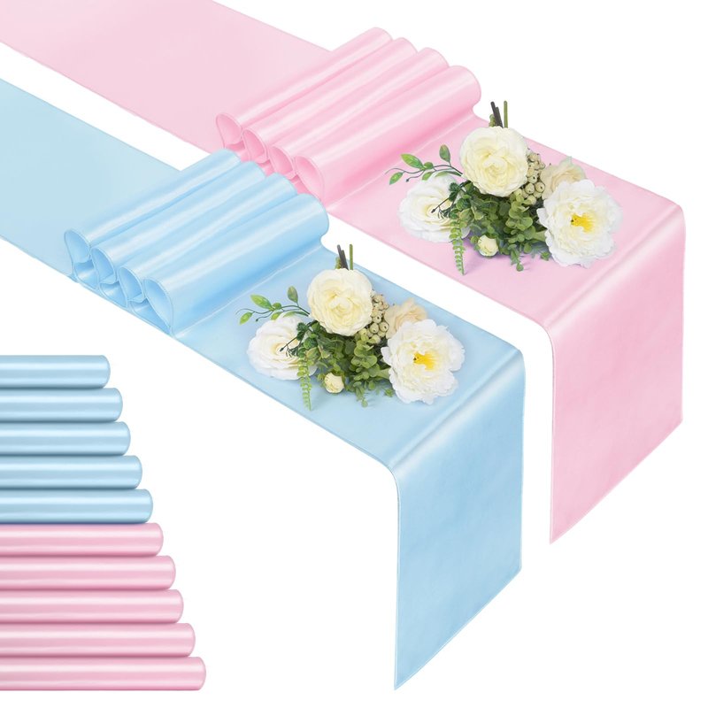 Jspupifip 12 Pcs Pink Blue Table Runner, 72 Inch Satin Table Runner for Baby Shower, Gender Reveal, New Year, Valentines Day, Wedding Banquet, Birthday Party