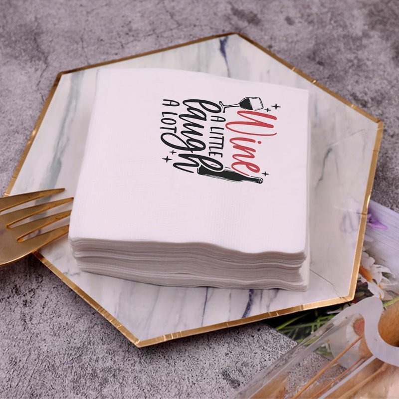 VOWFOO Funny Fiesta Wine Drinking Quotes Saying Cocktail Napkins Party Beverage Bar Paper Novelty Humorous Quirky Gag Gift 100Pcs 4.5 x 4.5 15-ply(Wine A Little Laugh A Lot)