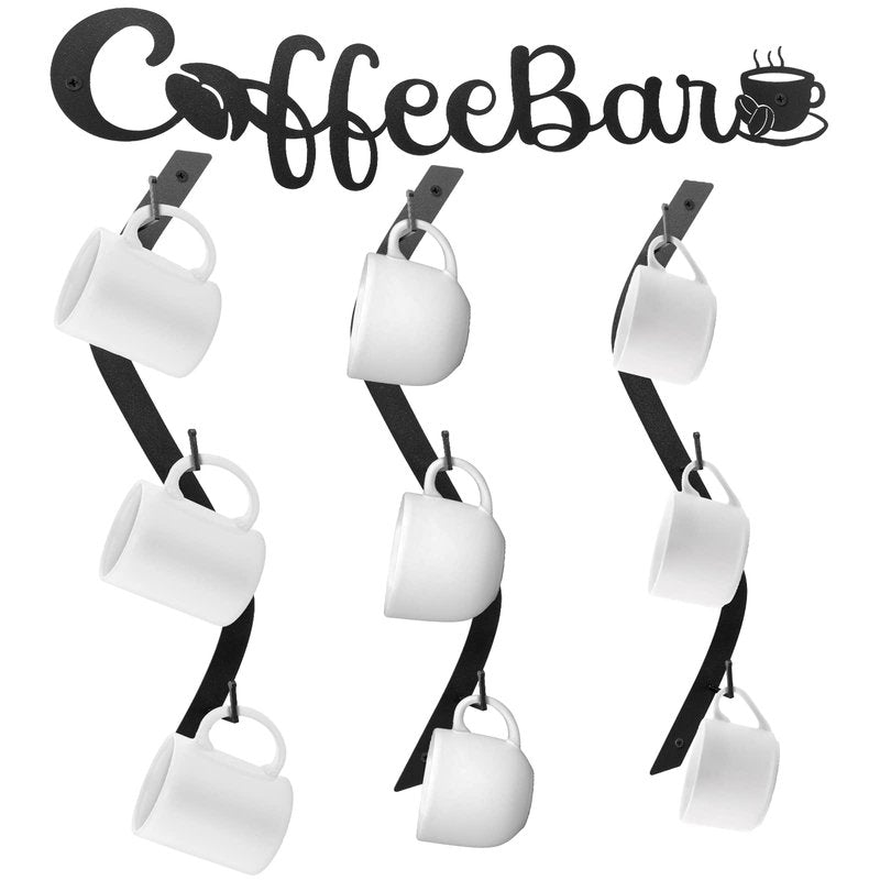 Peryiter Coffee Cup Holder Coffee Mug Wall Rack Mounted with Bar Shelf Curve Metal Cup Rack Wall Hanging Holder with 9 Hooks for Kitchen Bar Office Corner Station Decor Display