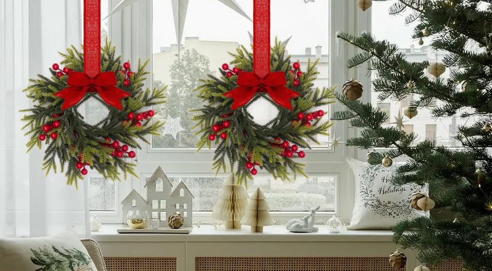 Regine Switzerland Christmas Candle Rings - 11.6 Inch Artificial Pine & Red Berries | Perfect for Holiday Decor & Centerpieces