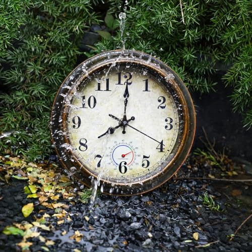 8-Inch Waterproof Outdoor Wall Clock with Thermometer, Bronze Finish