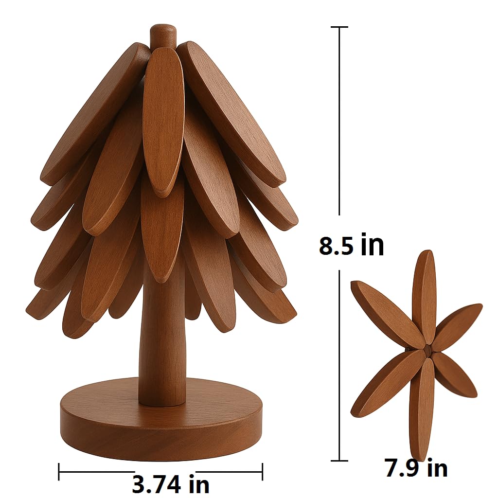 2025 𝗡𝗘𝗪 Premium Set of 4 Foldable Sapele Wood Tree Shape Trivets for Hot Pots & Pans