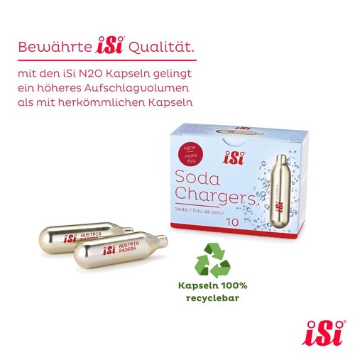 iSi North America CO2 Soda Siphon Chargers, 8.4g Carbon Dioxide - Compatible with Classic SodaMaker & Stainless Steel Soda Siphon, Recyclable Gold Cartridges, Made in Austria (10-Pack)