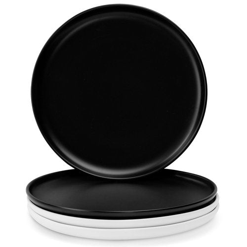 WEWBABY Ceramic Dinner Plates Set of 4, 10 Inch Dish Set Large Stoneware Plates for Kitchen, Modern Plates - Microwave, Oven, and Dishwasher Safe, Scratch Resistant - Matte Black and White