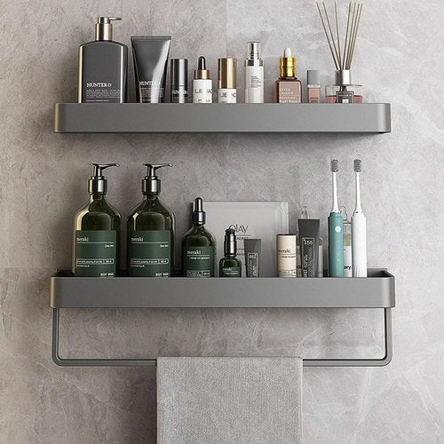 kaileyouxiangongsi Wall Mounted Bathroom Shelves, 2-Tier Floating Shelf with Removable Hooks, Bathroom Wall Organizer(Gray)