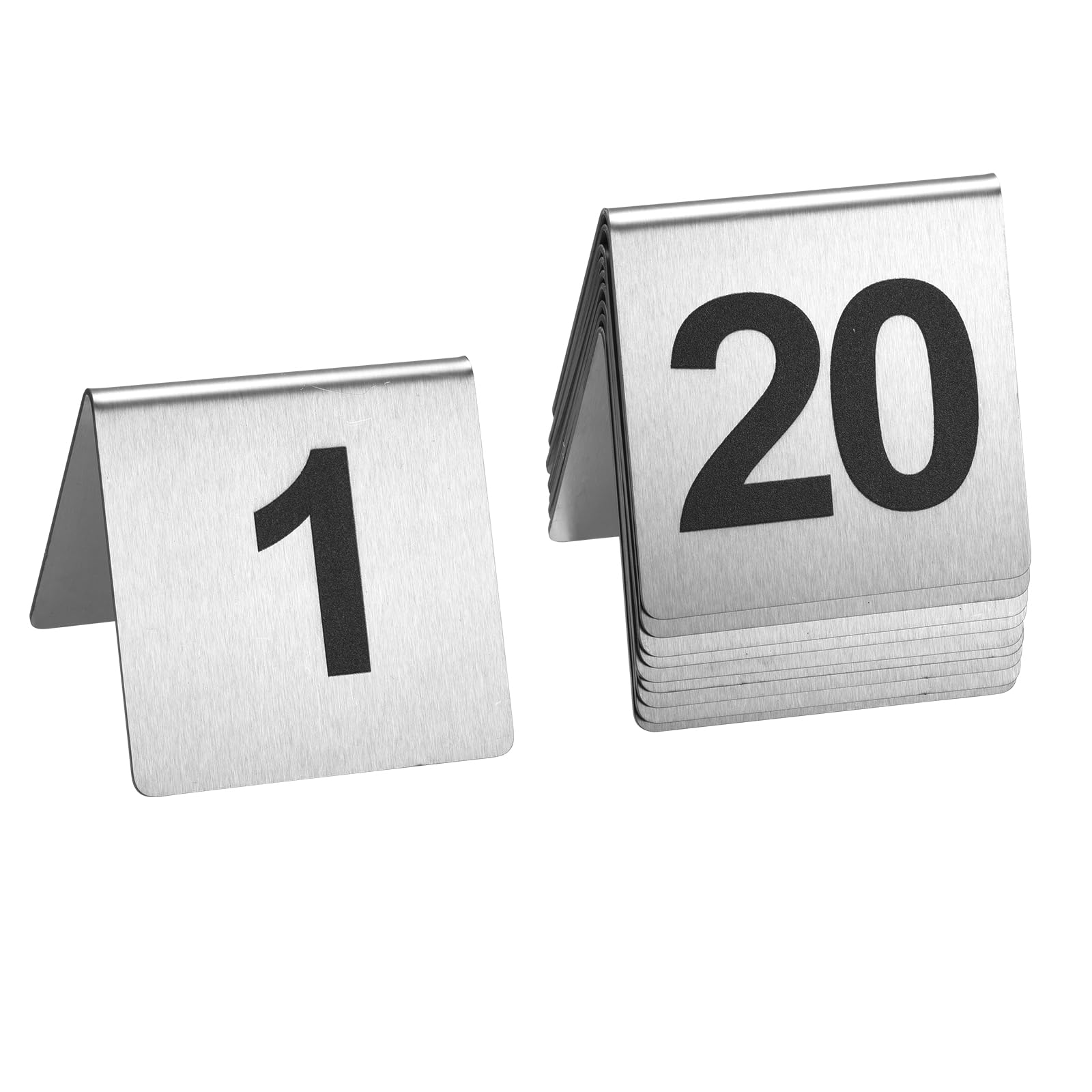 Stainless Steel Table Numbers 1-20, 2.76 x 2.76 Inch Tent Style Number Signs, Heavy-Duty Metal Table Number Cards for Restaurant, Cafe, Hotel, Large Clear Numbers, Waterproof and Rustproof