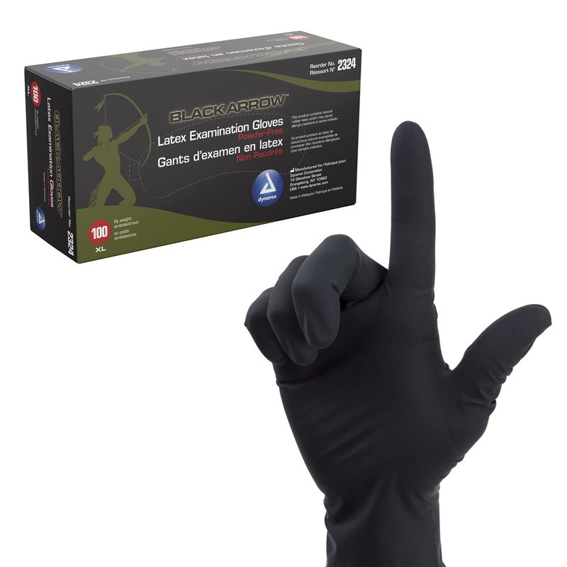 Dynarex Black Arrow Disposable Latex Exam Gloves, Powder-Free, For Healthcare, Law Enforcement, Tattoo, Salon or Spa, Black 1 Box of 100 (Medium)