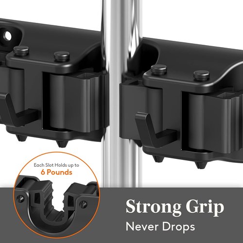 Lifewit Mop and Broom Holder - Anti-Slip Wall Mount Organizer with 5 Slots & 6 Hooks - Black
