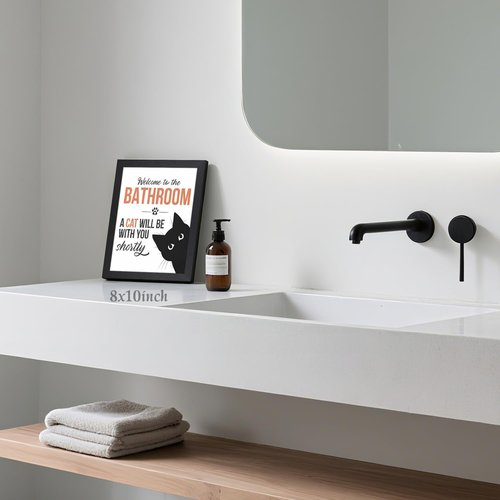 LLEEMPI Cat Quote Bathroom Wall Art - "Welcome to the Bathroom" Canvas Print | Cute Black & White Decor, 8x10 Inch