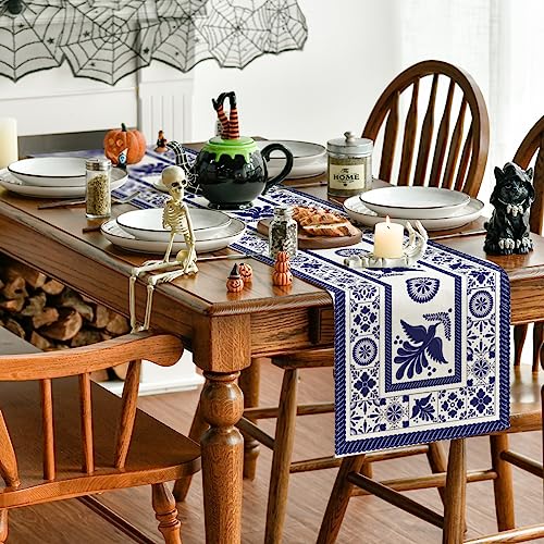 Artoid Mode 13 x 72 inch Floral Bird Table Runner Blue Patchwork Tiles