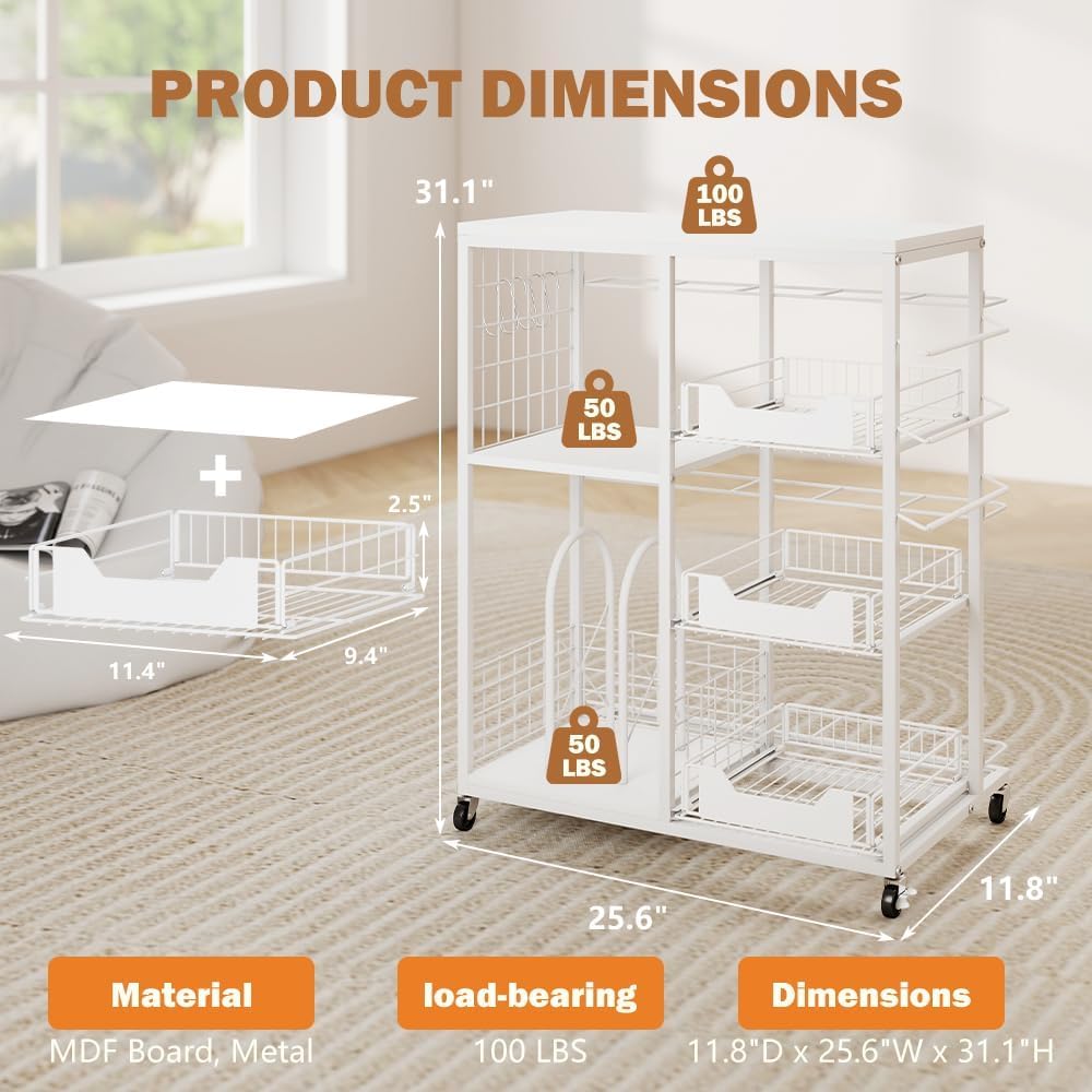 Skiennix Wrapping Paper Organizer - Rolling Gift Wrap Cart with 20 Roll Holders & 3 Drawers - White