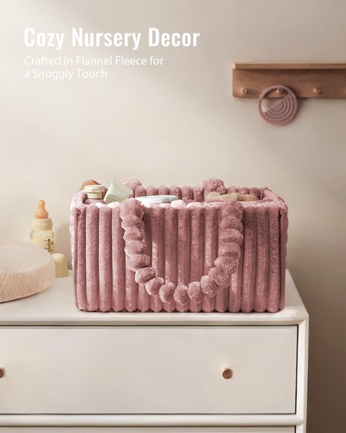 Blissful Diary Flannel Diaper Caddy Organizer - Cozy Plush Pink Nursery Storage Basket for Newborn Essentials