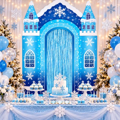 YLOLUL Wonderland Castle Arch Door Banner Set - Blue Snowflake Winter Wonderland Theme for Girls Birthday & Christmas Party