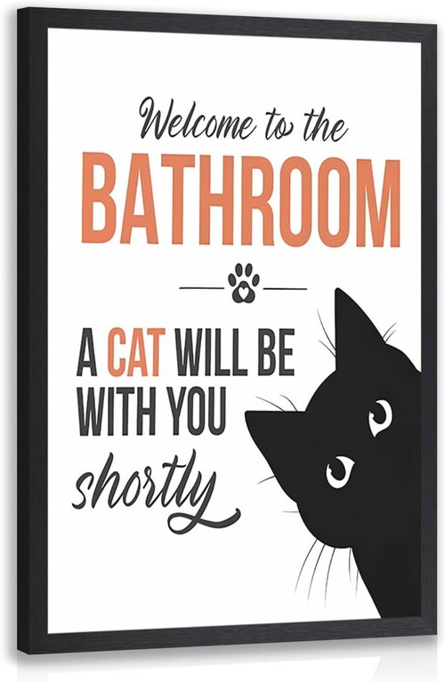 LLEEMPI Cat Quote Bathroom Wall Art - "Welcome to the Bathroom" Canvas Print | Cute Black & White Decor, 8x10 Inch