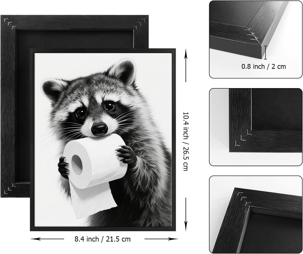 Pinetree Art Raccoon Bathroom Wall Decor - Framed Black and White Prints for Restroom Art