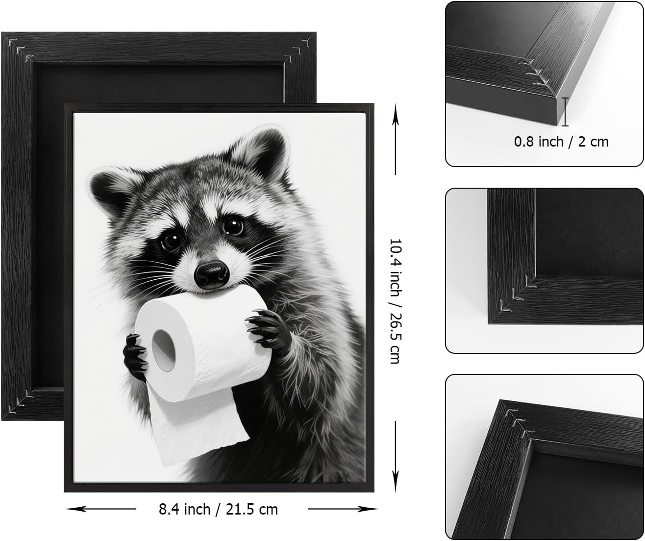 Pinetree Art Raccoon Bathroom Wall Decor - Framed Black and White Prints for Restroom Art
