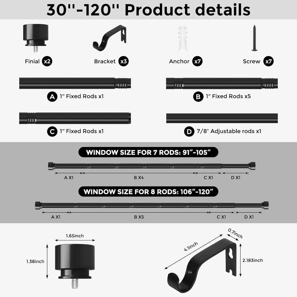 VOIIY Heavy Duty Curtain Rods - Adjustable 66 to 120 Inch, Black 1'' Diameter with Modern End Caps