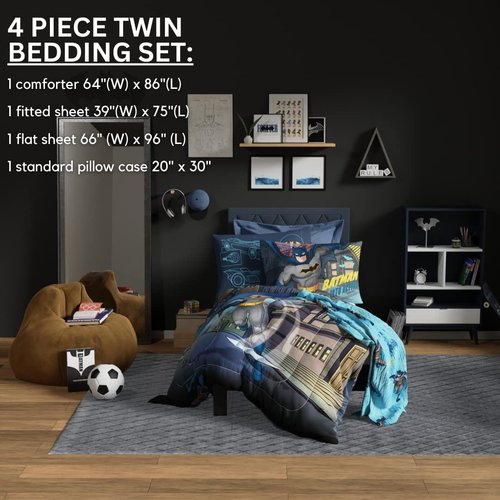 Franco Kids Bedding Super Soft Comforter and Sheet Set, 4 Piece Twin Size, Batman