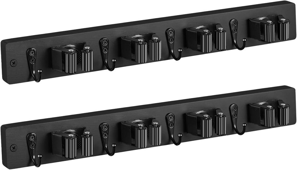 OUTNILI Mop Broom Holder Wall Mount - 2 Pack Black Organizer with 4 Slots & Hooks for Garage, Closet, Laundry Room