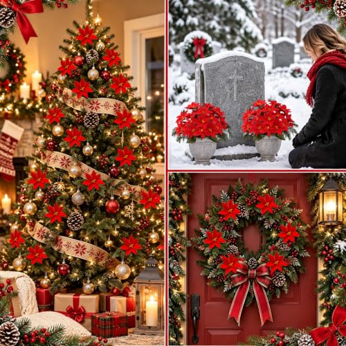 Der Rose 12-Pack Artificial Poinsettias - 15 Inch Red Christmas Flowers