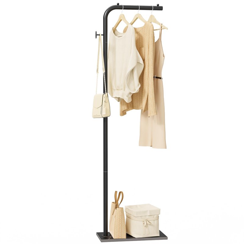 OUTBROS Coat Rack, Portable L-shaped Clothes Rack with Hook, Modern Hanger, Sturdy Freestanding Metal Clothing Rack, Used in Bedroom, Entrance and Living Room, 15.3 x 10.2 x 70.8 inch, Black