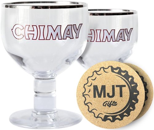 MJT Gifts Chimay German Beer Glasses with Beer Coasters - 0.25 Liter - 2pk