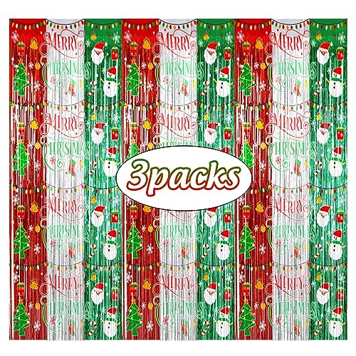 Avezano 3pc Christmas Foil Fringe Curtains 3.3x6.6ft Doorway Backdrop Set