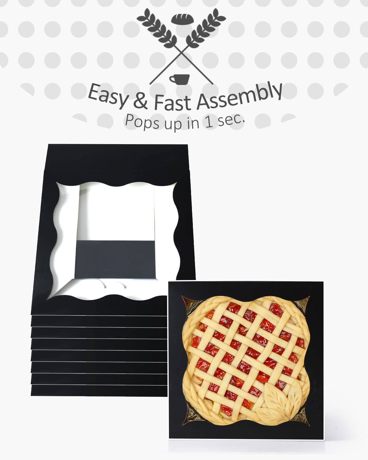 qiqee Auto-pop Up Black Pie Boxes with Window 24Packs 12x12x3 Inch Cookie Donut Bakery Box