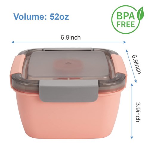 Freshmage Salad Lunch Containers To Go, 2 Pack 52-oz Bowls with 3 Compartments, Dressing Containers for Toppings, Snacks - Pink & Green