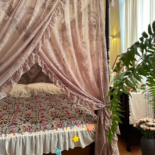 4 Corner Post Bed Canopy Curtain - King Size Romantic Lace Mosquito Net
