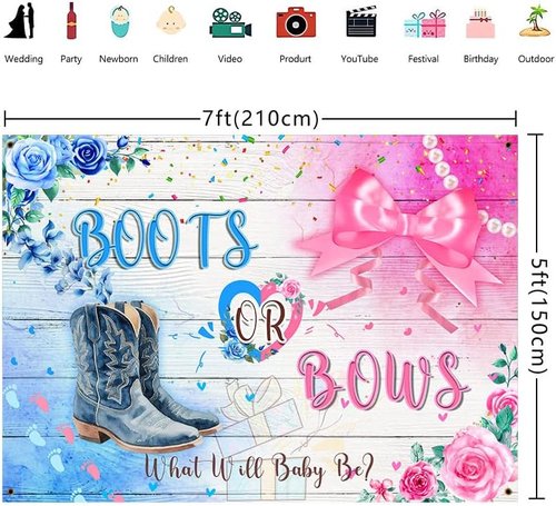 Boots Or Bows Gender Reveal Backdrop - Rustic Cowboy & Cowgirl Decor | 7x5ft Photo Banner